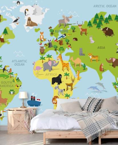 Mural ilustrado de mapamundis infantil con animales