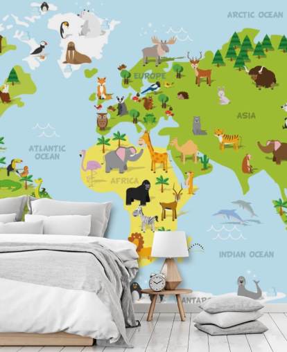 Mural ilustrado de mapamundis infantil con animales