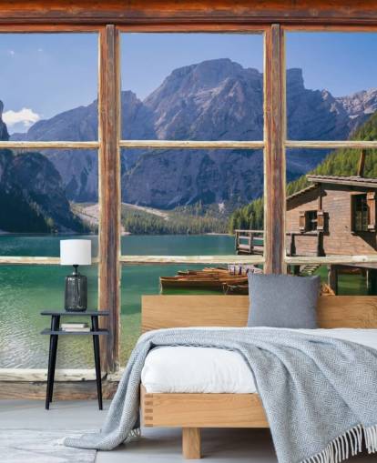 Lake, Mountain and Boat House Wallpaper