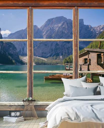 Lake, Mountain and Boat House Wallpaper