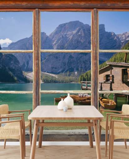 Papel de Parede Lago, Montanha e Casa de Barco