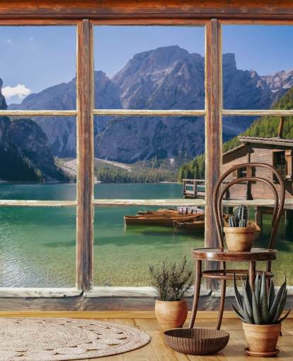 Carta da parati per lago, montagna e casa barca Carta da parati per lago, montagna e casa barca