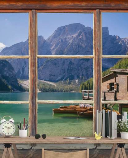 Lake, Mountain and Boat House Wallpaper