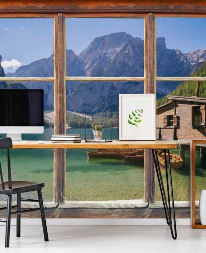 Innsjø, fjell og båt hus tapet