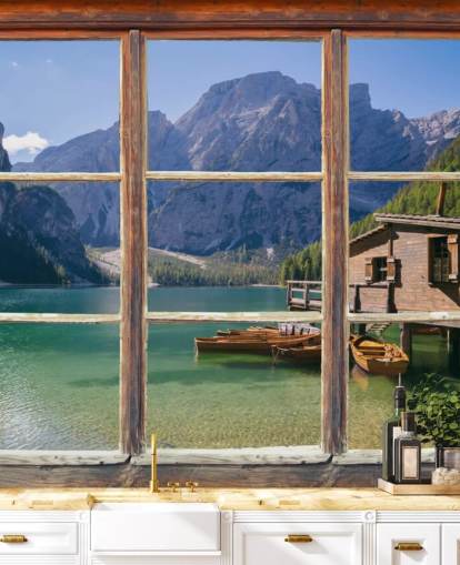 Carta da parati per lago, montagna e casa barca