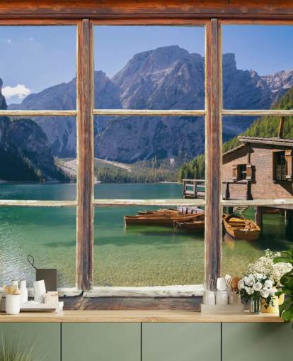 Carta da parati per lago, montagna e casa barca