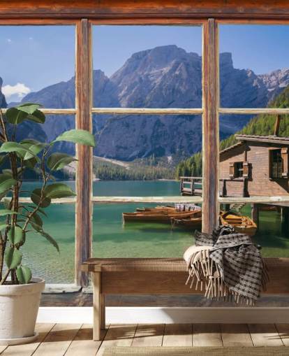 Carta da parati per lago, montagna e casa barca Carta da parati per lago, montagna e casa barca