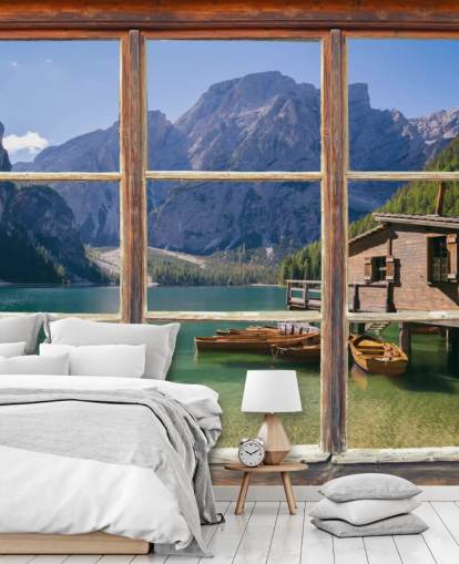 Papel de Parede Lago, Montanha e Casa de Barco
