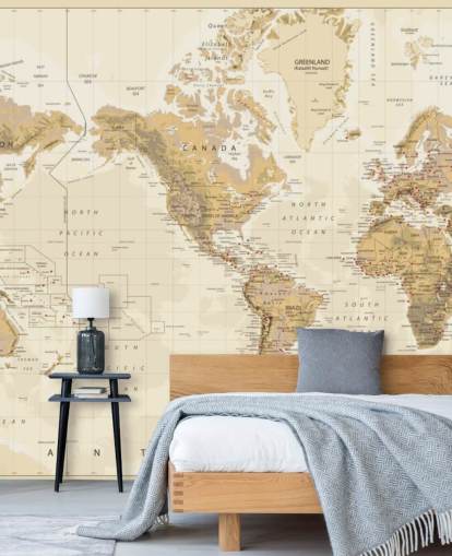 Mapa del mundo físico vintage - Mural de papel pintado centrado en Estados Unidos