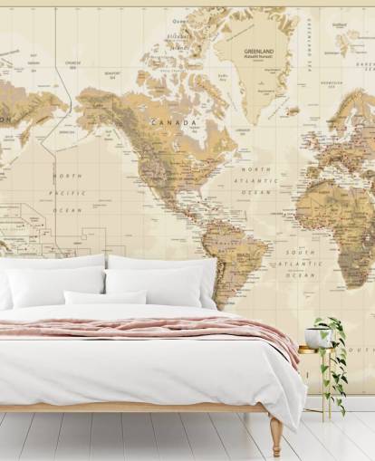 Mapa do mundo físico vintage - mural de papel de parede centrado na América