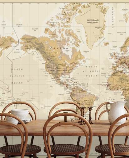 Mapa do mundo físico vintage - mural de papel de parede centrado na América