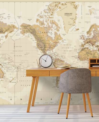 Carta da parati murale vintage con mappa fisica del mondo - America centrata