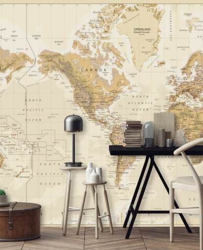 Mapa del mundo físico vintage - Mural de papel pintado centrado en Estados Unidos