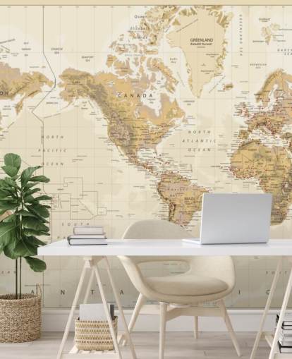 Mapa do mundo físico vintage - mural de papel de parede centrado na América