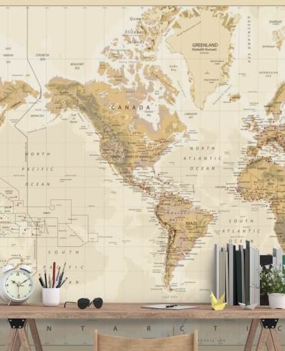 Mapa del mundo físico vintage - Mural de papel pintado centrado en Estados Unidos