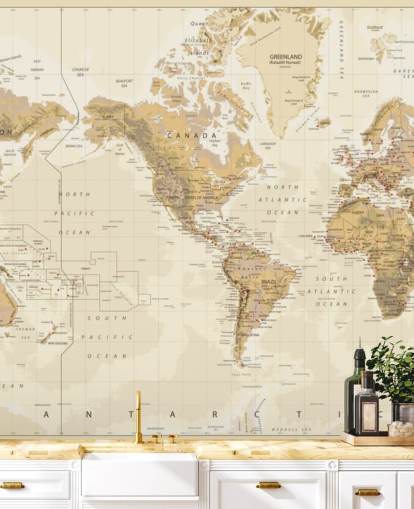 Mapa do mundo físico vintage - mural de papel de parede centrado na América