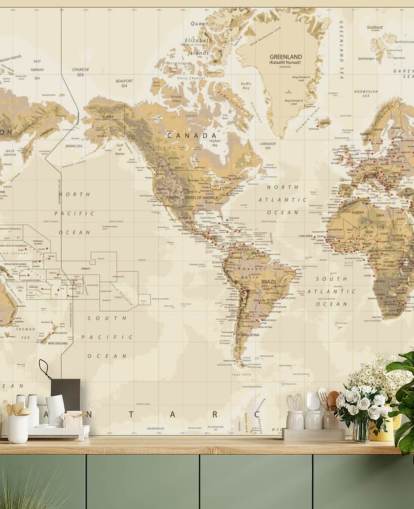 Mapa del mundo físico vintage - Mural de papel pintado centrado en Estados Unidos