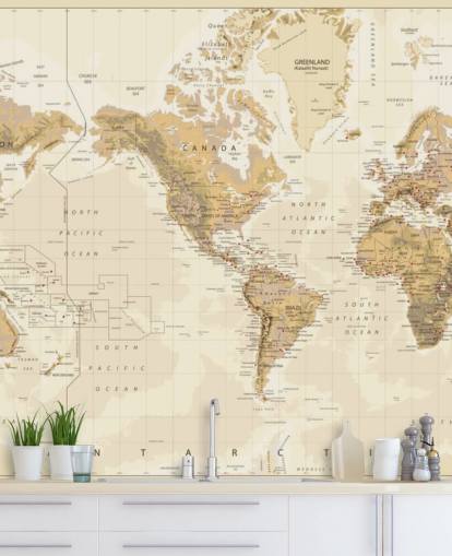 Mapa del mundo físico vintage - Mural de papel pintado centrado en Estados Unidos