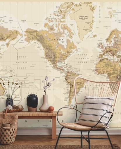 Mapa del mundo físico vintage - Mural de papel pintado centrado en Estados Unidos