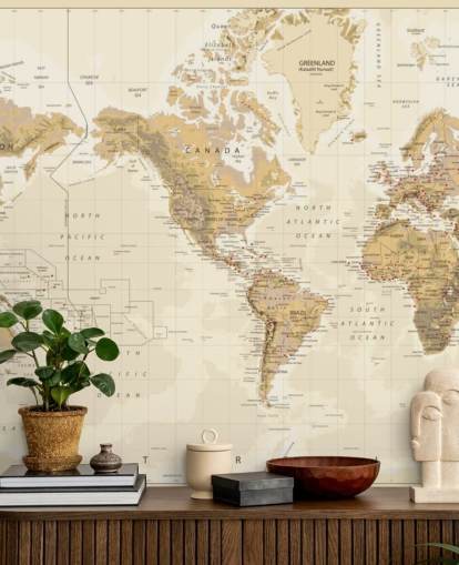 Vintage fysieke wereldkaart - op Amerika gecentreerde muurschildering Vintage fysieke wereldkaart - op Amerika gecentreerde muurschildering