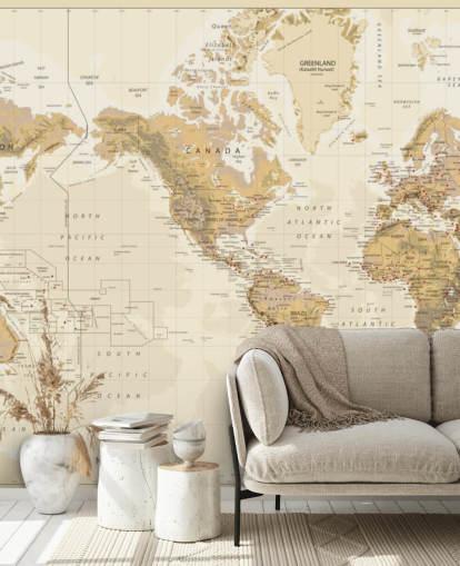 Vintage fysieke wereldkaart - op Amerika gecentreerde muurschildering Vintage fysieke wereldkaart - op Amerika gecentreerde muurschildering