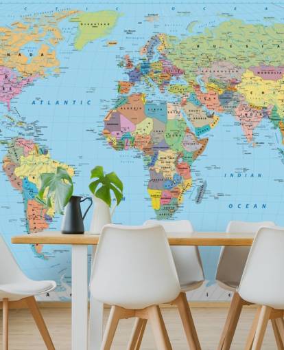 Muurschildering met gekleurde kaart van de wereld Muurschildering met gekleurde kaart van de wereld