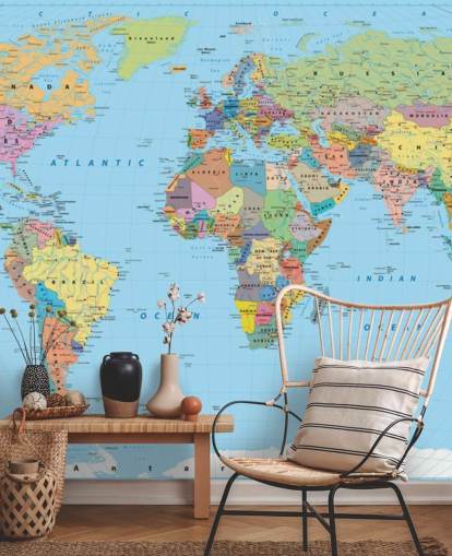Colored Map of the World Wallpaper Mural