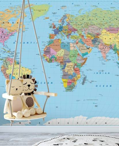 Muurschildering met gekleurde kaart van de wereld