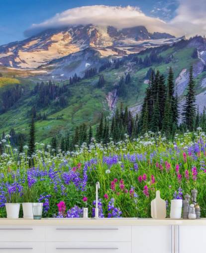 Mt Rainier Wildblumen Fototapete