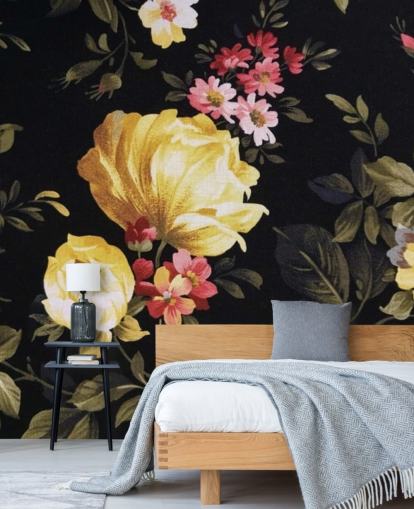 Mural de pared Rosas amarillas y rosas sobre fondo negro