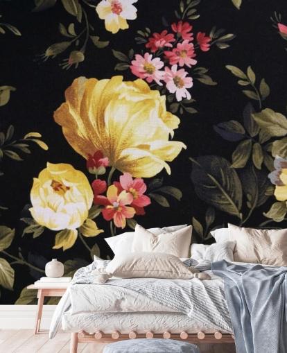 Yellow and Pink Roses on a Black Background Wall Mural