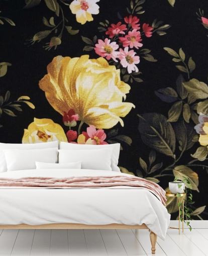 Yellow and Pink Roses on a Black Background Wall Mural Yellow and Pink Roses on a Black Background Wall Mural
