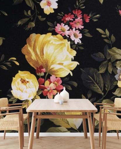 Mural de pared Rosas amarillas y rosas sobre fondo negro Mural de pared Rosas amarillas y rosas sobre fondo negro