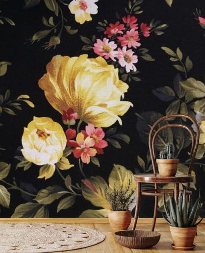 Decorazione murale con rose gialle e rosa su sfondo nero