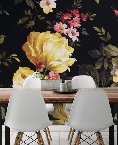 Mural de pared Rosas amarillas y rosas sobre fondo negro