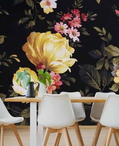 Mural de pared Rosas amarillas y rosas sobre fondo negro