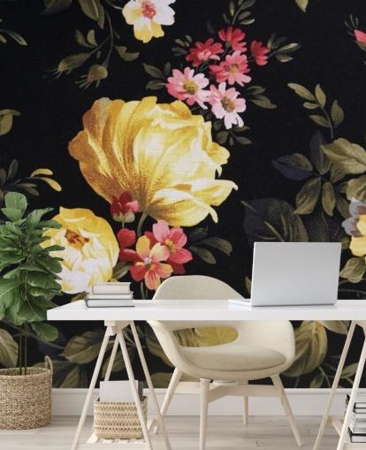 Décoration murale Roses jaunes et roses sur fond noir