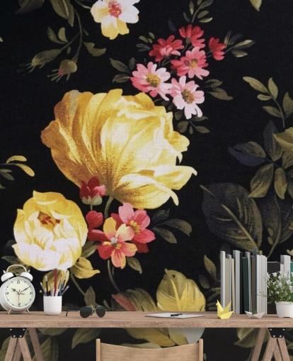 Mural de pared Rosas amarillas y rosas sobre fondo negro