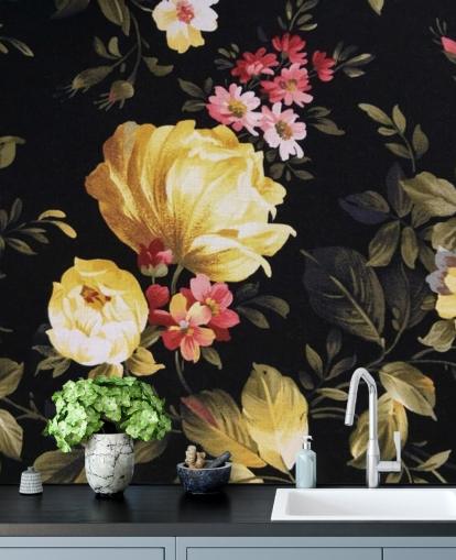 Décoration murale Roses jaunes et roses sur fond noir