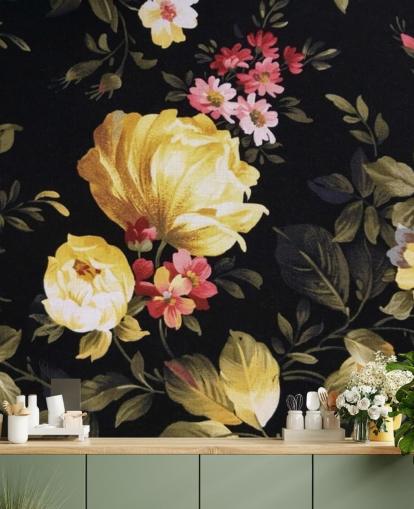 Yellow and Pink Roses on a Black Background Wall Mural