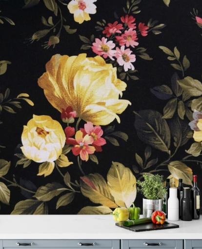 Yellow and Pink Roses on a Black Background Wall Mural