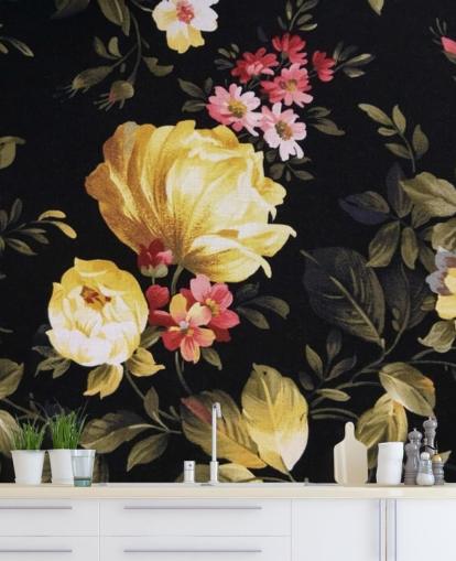 Yellow and Pink Roses on a Black Background Wall Mural