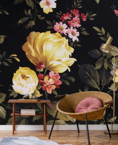 Mural de pared Rosas amarillas y rosas sobre fondo negro Mural de pared Rosas amarillas y rosas sobre fondo negro