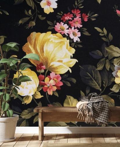 Mural de pared Rosas amarillas y rosas sobre fondo negro