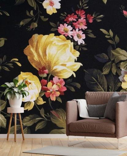 Yellow and Pink Roses on a Black Background Wall Mural