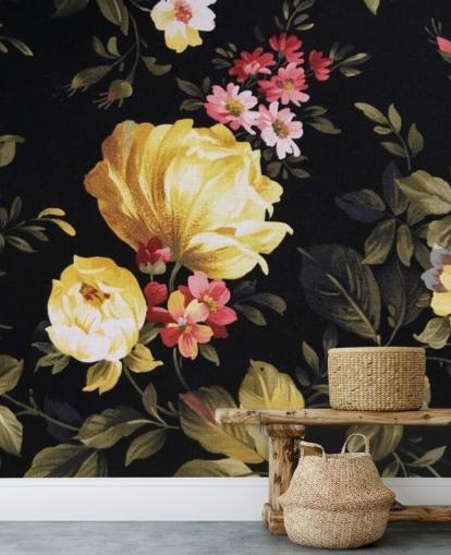 Mural de pared Rosas amarillas y rosas sobre fondo negro