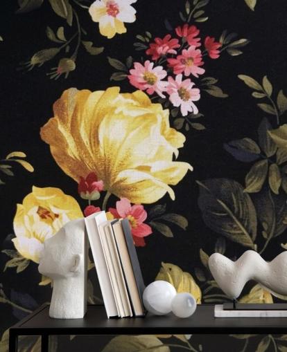Yellow and Pink Roses on a Black Background Wall Mural