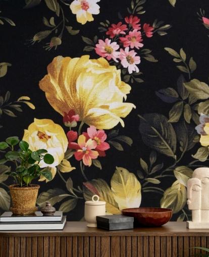 Décoration murale Roses jaunes et roses sur fond noir Décoration murale Roses jaunes et roses sur fond noir