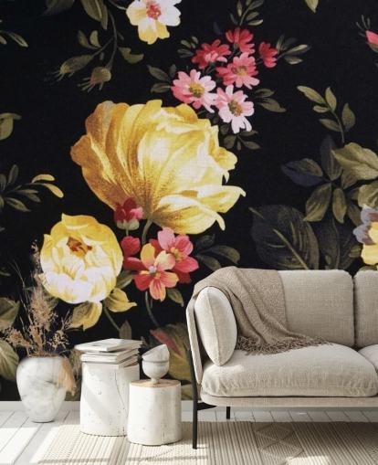 Yellow and Pink Roses on a Black Background Wall Mural