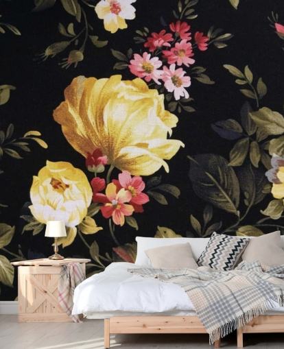 Yellow and Pink Roses on a Black Background Wall Mural